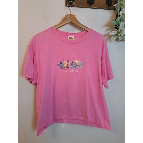 Vintage Women's Bayfield Wisconsin Pink Embroidered  Summer Sz L - Picture 1 of 6